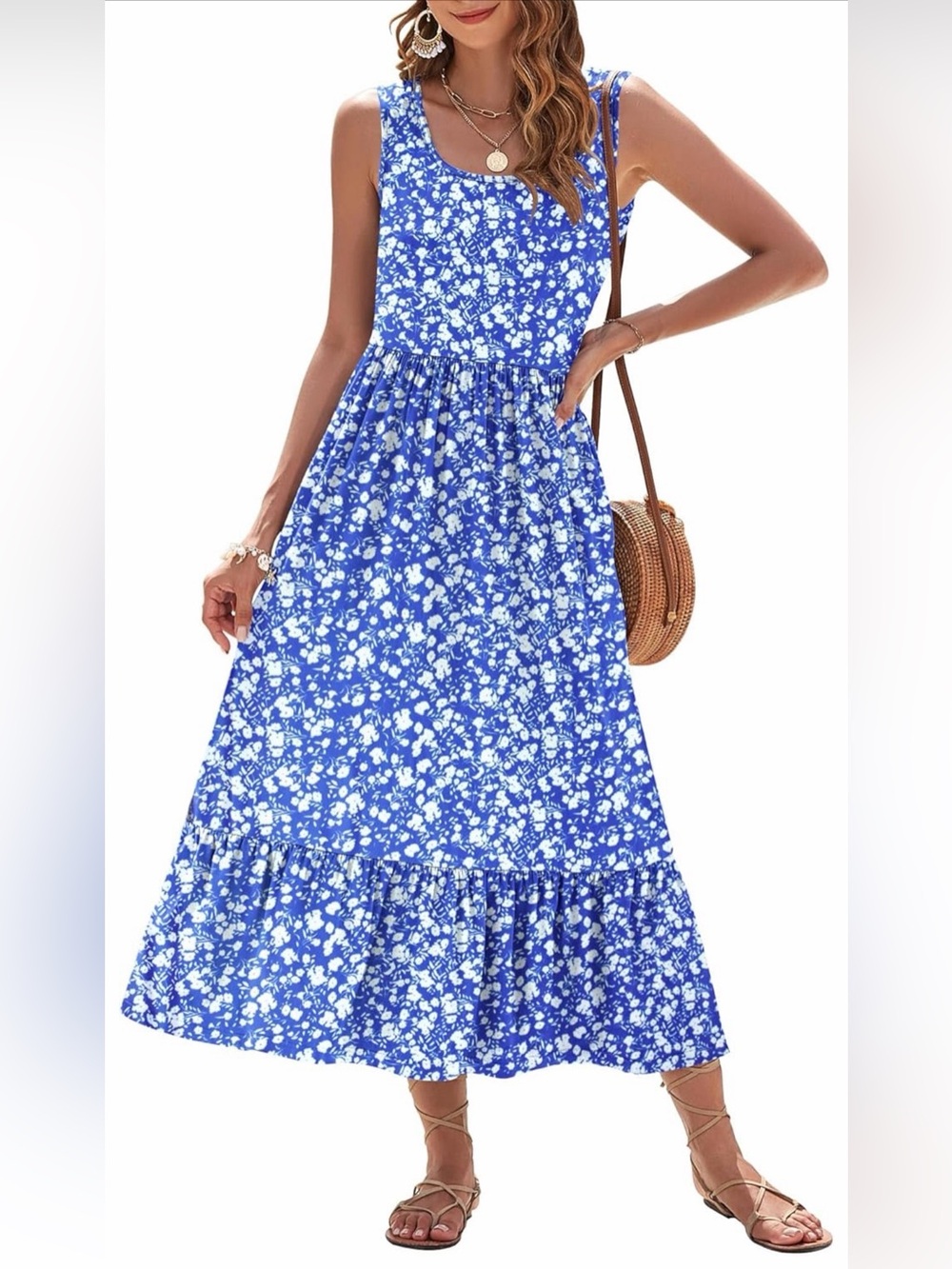 A409 AUSELILY Womens Summer Dress Floral Sleeveless Tiered Maxi Dress Pockets XL